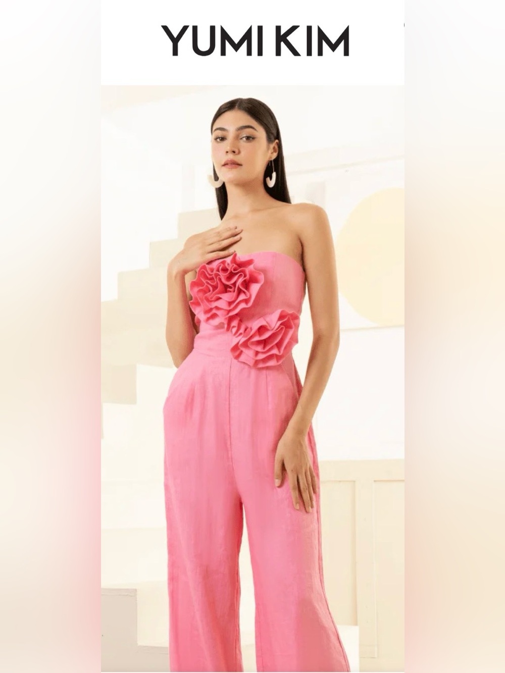 Yumi Kim Strapless Pink Floral Appliqué Wide-Leg Jumpsuit
